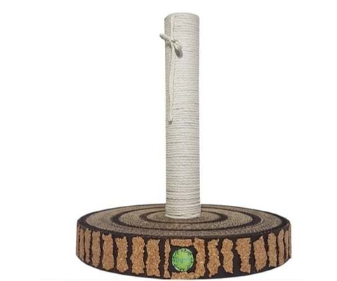 Bagner: Rascador base de carton corrugado con palo con hilo de algodon. Mide 40 cm de altura y la base tiene 35 cm de diámetro.