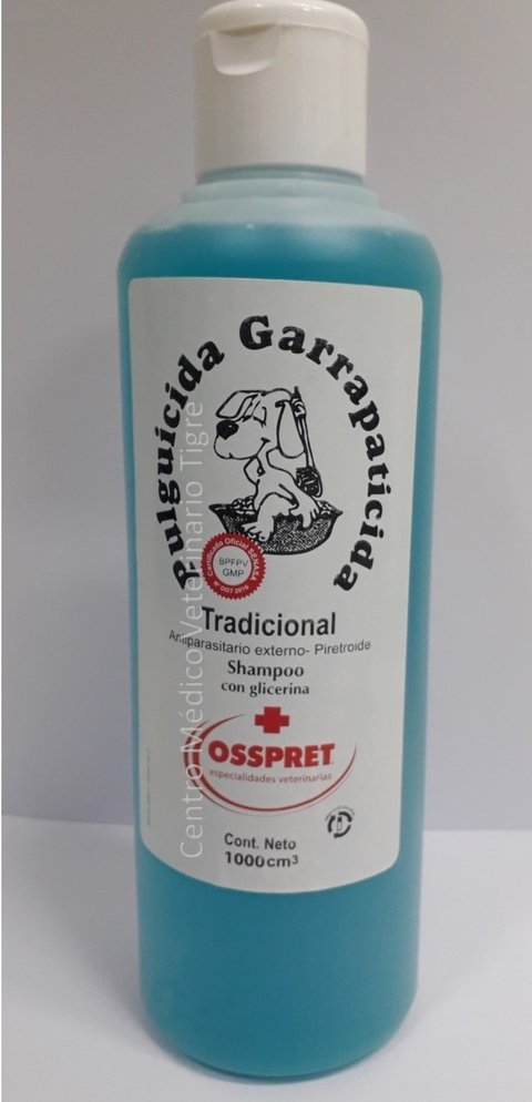 Shampoo Tradicional con gliserina. Pulguicida Garrapaticida por 1000 cm3. Laboratorio Osspret.