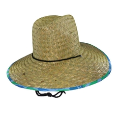 Sombrero guardavidas de paja ala estampado de plumas azules con cordón. 241430A