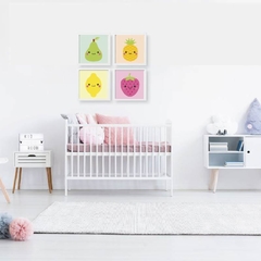 kit quadros infantil frutinhas baby fundo colorido moldura branca