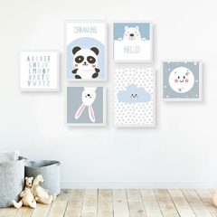 kit quadros infantil animais baby tons de azul moldura branca