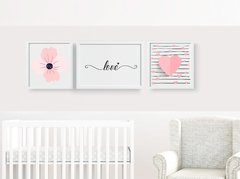 Trio de quadros - Love Pink moldura branca