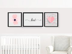 Trio de quadros - Love Pink moldura preta