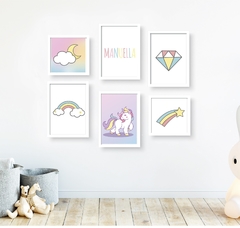 kit quadros infantil unicornio personalizado com moldura branca
