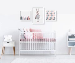 kit quadros infantil coelhinha cinza e rosa moldura branca