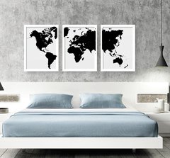 trio de quadros mapa mundi moldura branca