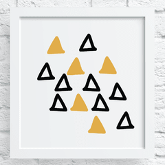 quadro infantil triangulos amarelo e preto moldura branca