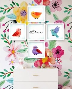 kit quadros love birds personalizado cores vibrantes moldura branca