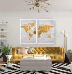 kit de quadros mapa mundi concrete and gold moldura branca