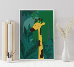 quadro decorativo diversidade na floresta girafa moldura branca