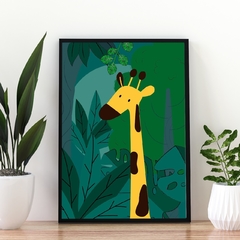 quadro decorativo diversidade na floresta girafa moldura preta