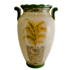 Vaso em cerâmica Craquelê, fundo claro com pintura de palmeira amarela