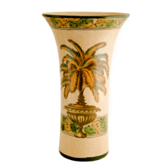 Vaso em cerâmica Craquelê, fundo claro com pintura de palmeira de folhas amarelas e verdes