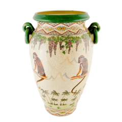 Vaso em cerâmica Craquelê, com pintura de macacos, coqueiros e flores