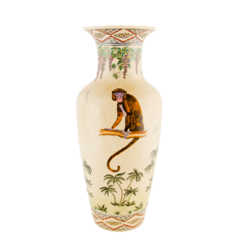 Vaso em cerâmica Craquelê, com pintura de macacos, coqueiros e flores