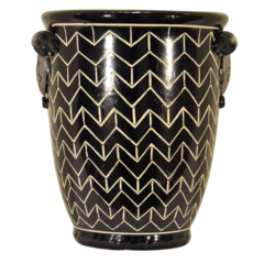 Cachepot (vaso) de cerâmica com fundo preto e pintura estilo "Chevron" em cor branca