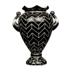 Vaso em cerâmica Dolomita, e acabamento Glaze com fundo preto e pintura estilo "Chevron" em cor branca