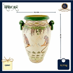 Vaso em cerâmica Craquelê, com pintura de macacos, coqueiros e flores - comprar online