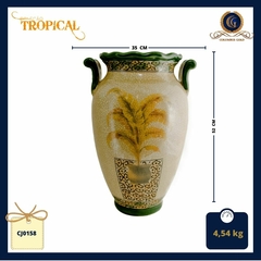 Vaso em cerâmica Craquelê, fundo claro com pintura de palmeira amarela - comprar online