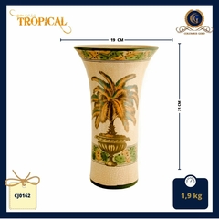 Vaso em cerâmica Craquelê, fundo claro com pintura de palmeira de folhas amarelas e verdes - comprar online