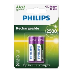 2 Pilhas Recarregáveis Philips Aa 2500mAh Originais Pequena Prontas pro Uso RTU