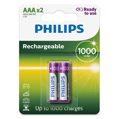 2 Pilhas Recarregáveis Philips Aaa 1000mAh Originais Palito Prontas pro Uso RTU