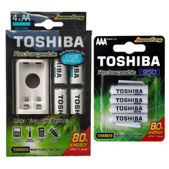 Carregador Toshiba com 4 Pilhas Aa 2000 mais 4 AAA 950 RTU Recarregáveis Micro USB TNHC6GME4