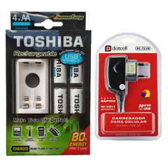 Carregador Toshiba com 4 Pilhas Aa Recarregáveis mais Fonte V8 Micro USB TNHC6GME4