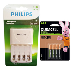 Carregador Philips com 4 Pilhas Aaa 900mAh Duracell Recarregáveis RTU Bivolt Inmetro