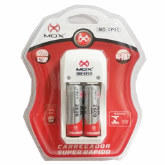 Carregador de Pilhas Mox com 2 pilhas AA 2600mAh Pequena Recarregáveis Deslig Autom e Led MO-CP31