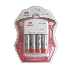 Carregador de Pilhas Mox com 4 pilhas AA 2600mAh Recarregáveis Desligamento Automático e Led MO-CP51