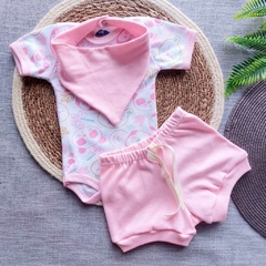 Conjunto de Bebê Recém Nascido com 3 peças Body Short e Bandana Rosa