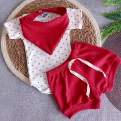 Conjunto de Bebê Recém Nascido com 3 peças Body Short e Bandana Vermelho