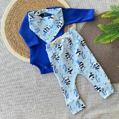 Conjunto Calça e Body e Bandana Menino Para Bebê Malha Algodão Premium Enxoval Azul Panda