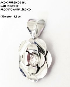 Pingente Flor Rosa Aço Inox Miolo Pedra Strass Corte A Laser - loja online