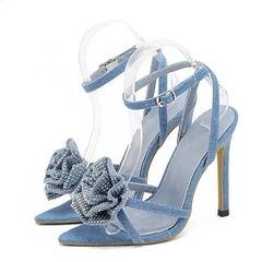 Liyke verão moda flor de cristal feminino 11.5cm salto alto fino sandálias gladiador sexy dedo do pé apontado sapatos banquete casamento azul (4)