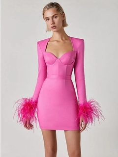 Vestido manga longa com detalhe plumas