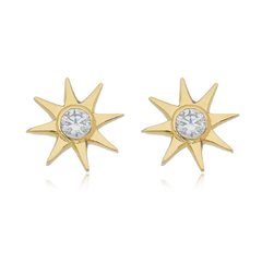 18k gold tiny sun earrings with white Sapphires or Diamonds