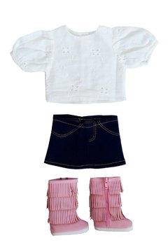 Conjunto Blusa Plumeti, Pollera jean y Botas flecos - comprar online