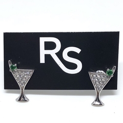 Aros copa de martini plata rodinada micropave con circones verdes 1 cm de largo