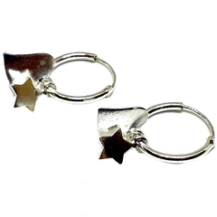 Argollitas media caña 1 mm grosor con dije estrella y corazon de plata italiana