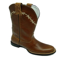 bota bico redondo country couro liso na cor atlanta caramelo cor bordado na boca do cano