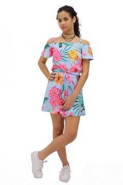 Conjunto short saia & blusa amarração floral azul - loja online