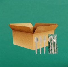 Set cuchillo + tenedor + cuchara sopa en almidón maíz biodegradable caja 100 kits