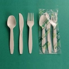 Set cuchillo + tenedor + cuchara sopa en almidón maíz biodegradable caja 100 kits - comprar online