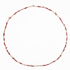 Colar Longo - Coral Vermelho , Pérolas, Hematitas, Ouro 18k - comprar online