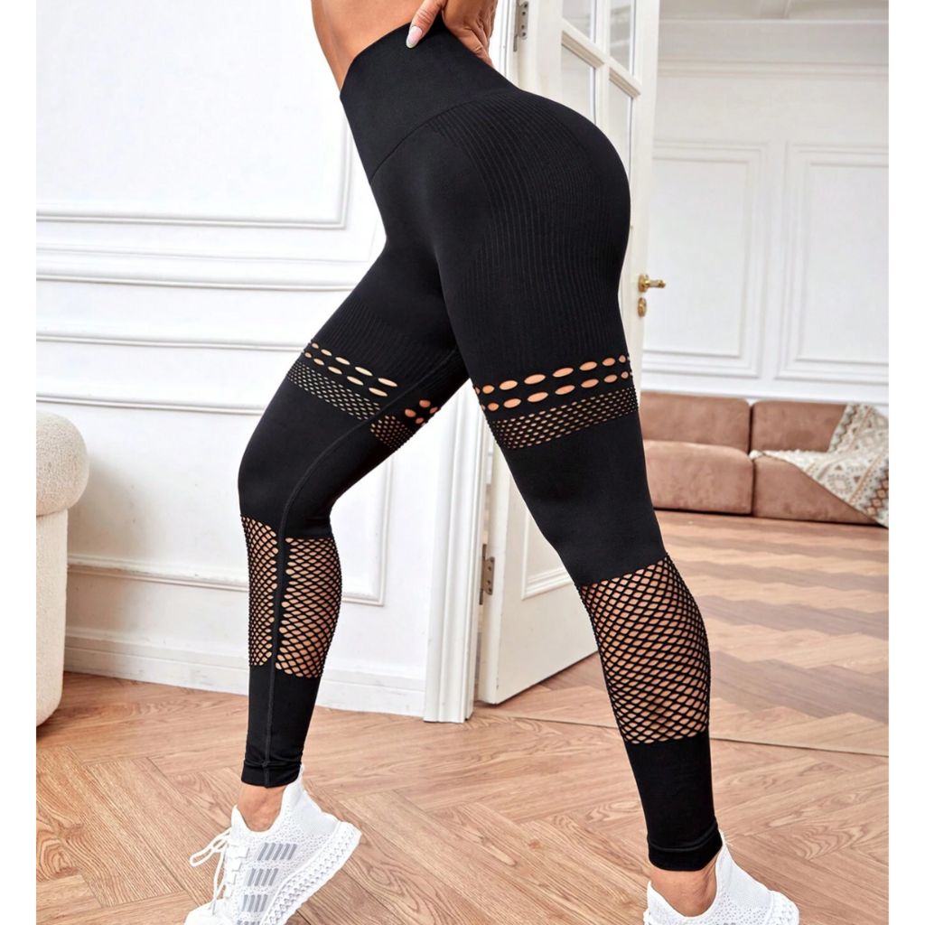 Calça legging fitness em poliamida cós duplo largo com listras laterais  preto - MTX