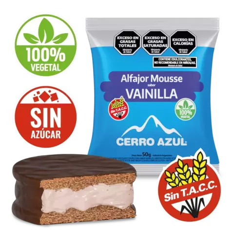 Alfajor Cerro Azul. Mousse de Vainilla sin azucar. Sin Tacc. 55g