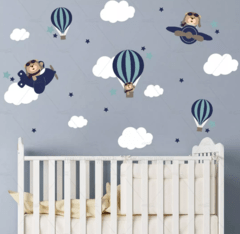 URSO AVIADOR KIT ADESIVOS DECORATIVOS DE PAREDE QUARTO INFANTIL MENINO BALÕES NUVENS - comprar online