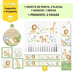 Combo Animais Safari Aquarelado Verde KIT Com Enfeite de Porta MDF